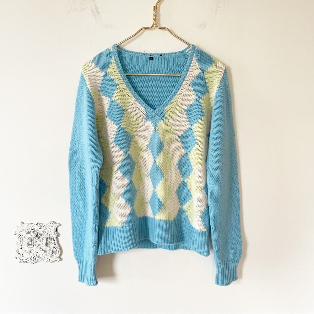 Loro Piana Blue Argyle V-neck Cashmere Sweater 46 / 12 / Large